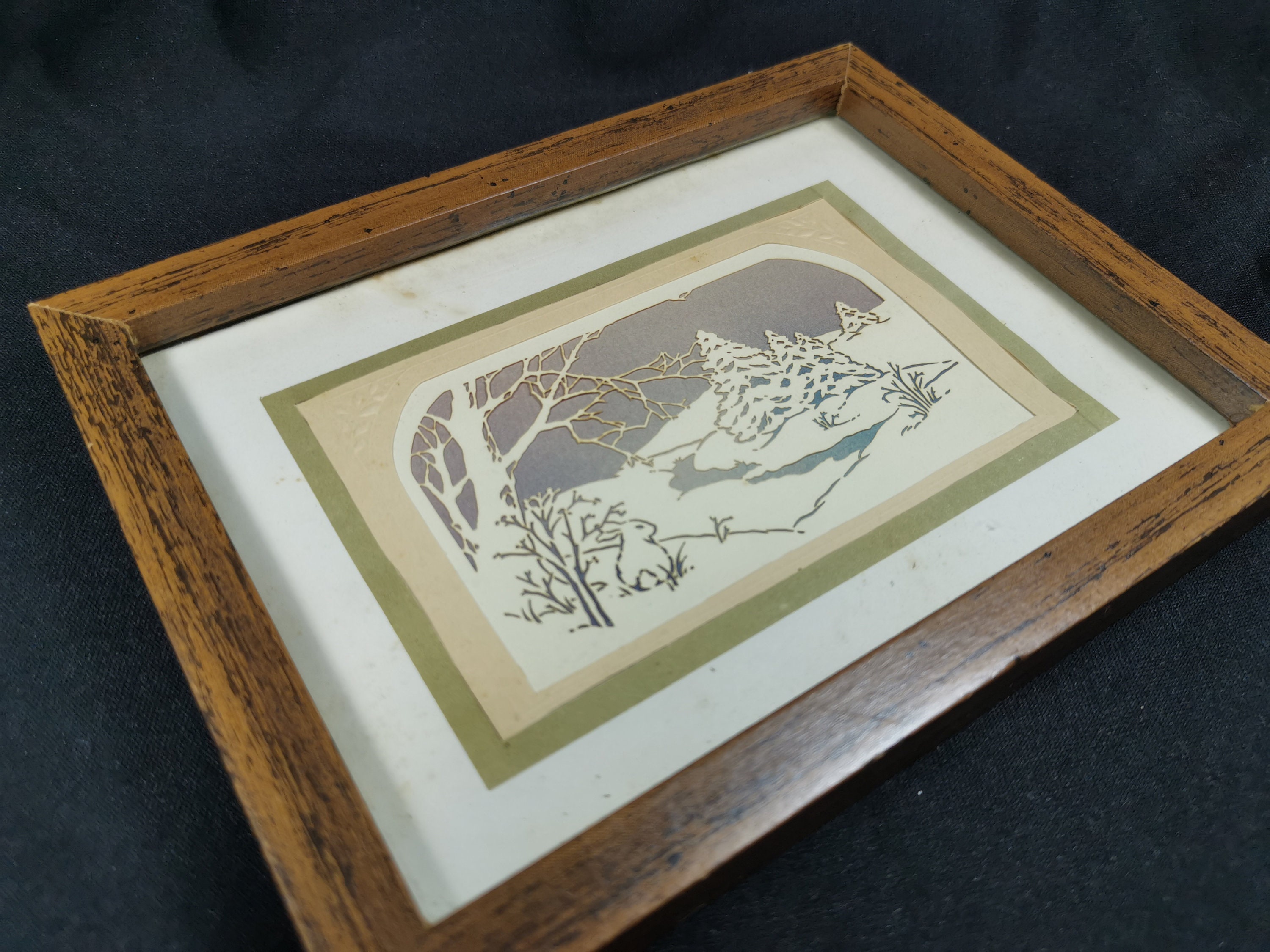 Vintage Papercut Original Art Bunny Rabbit Landscape Scene