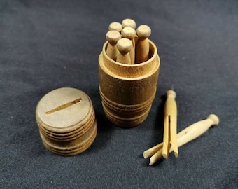 Antique Wooden Barrel Keg Money Box Bank with 8 Miniature Clothespins Clothes Pins Pegs Inside Hand Made Primitive Wood Carving