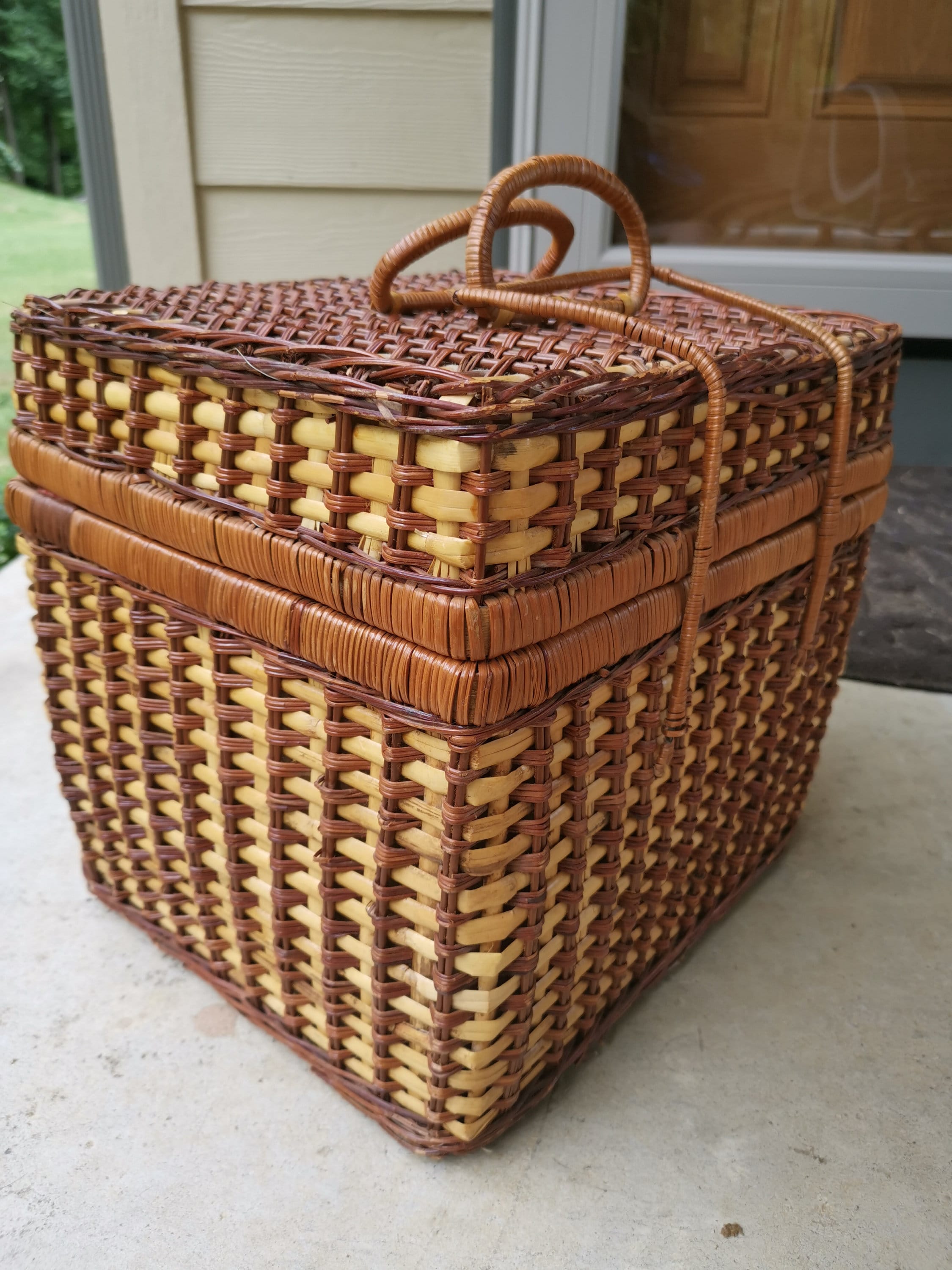 Vintage Wicker Picnic Basket Box Lined With Red and White Gingham