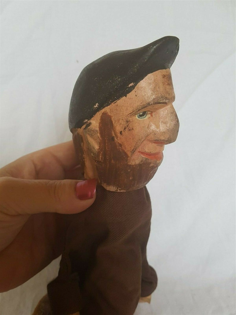 Antique Hand Puppet Marionette Doll Carving Carved Wood and Cloth Wooden from Punch and Judy Puppet Show Hand Made Original Man Boy