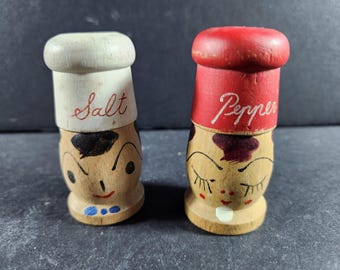 Vintage Salt & Pepper Shakers Wooden Man and Lady Chef His and Hers Mid Century Modernist Original Hand Painted