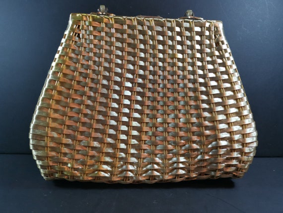 Vintage Wicker and Lucite Hand Bag Purse Gold Met… - image 9