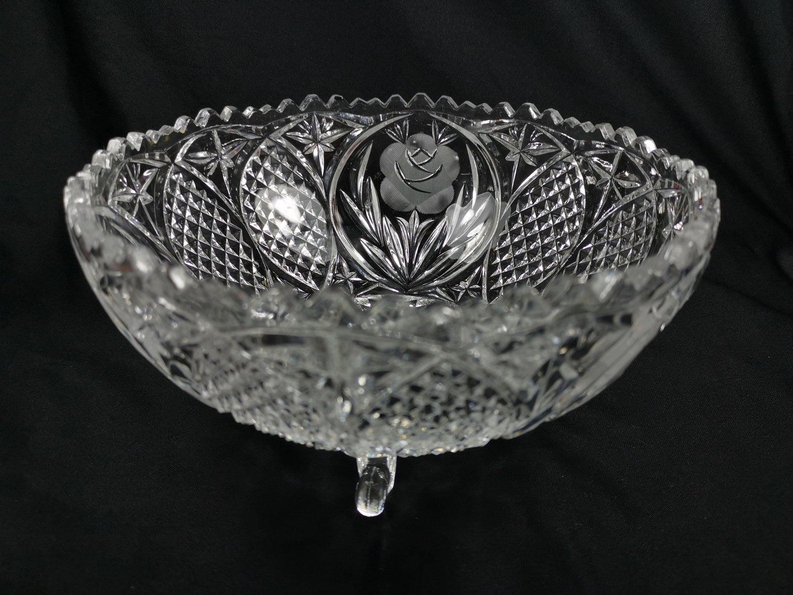 Vintage Clear Crystal Glass Bowl with Rose Flowers Footed Etsy