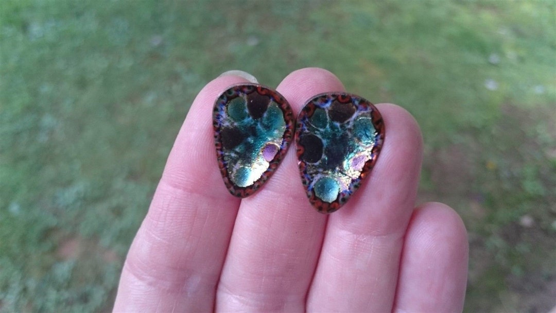 Vintage Hogan Bolas Signed Copper and Enamel Earrings Hand Made