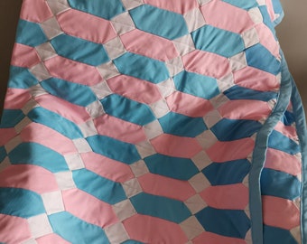 Vintage Quilt Blanket Hand Made Original Pink Blue Polyester Geometric Patchwork 1960's Full Size