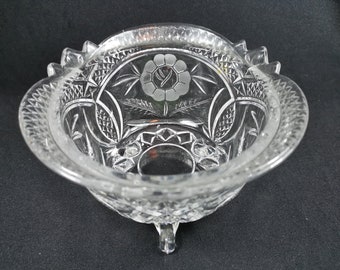 Vintage Crystal Bowl Clear Glass with Etched Flowers