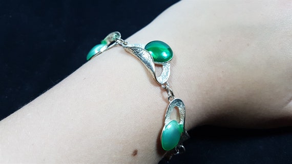 Vintage Silver Metal and Green Enamel Bracelet La… - image 2