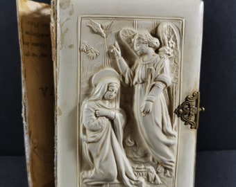 Antique Celluloid Prayer Book: Victorian Mary and Angel Relief, Czech 1899