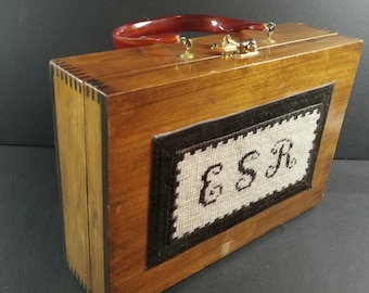 Vintage Box Purse Wood and Lucite Lined with Corduroy 1970's Hand Bag Top Handle Handbag