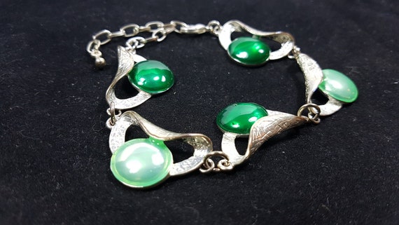 Vintage Silver Metal and Green Enamel Bracelet La… - image 3