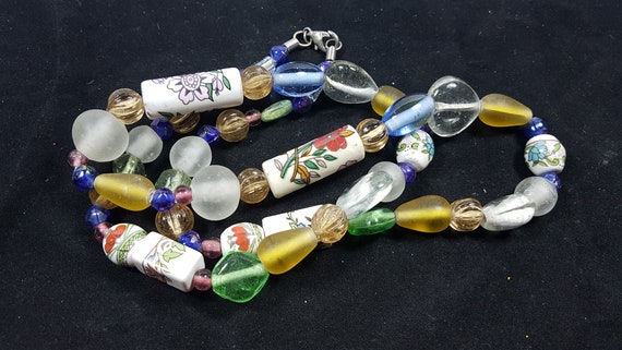 Vintage Beaded Necklace with Glass and Ceramic Be… - image 1