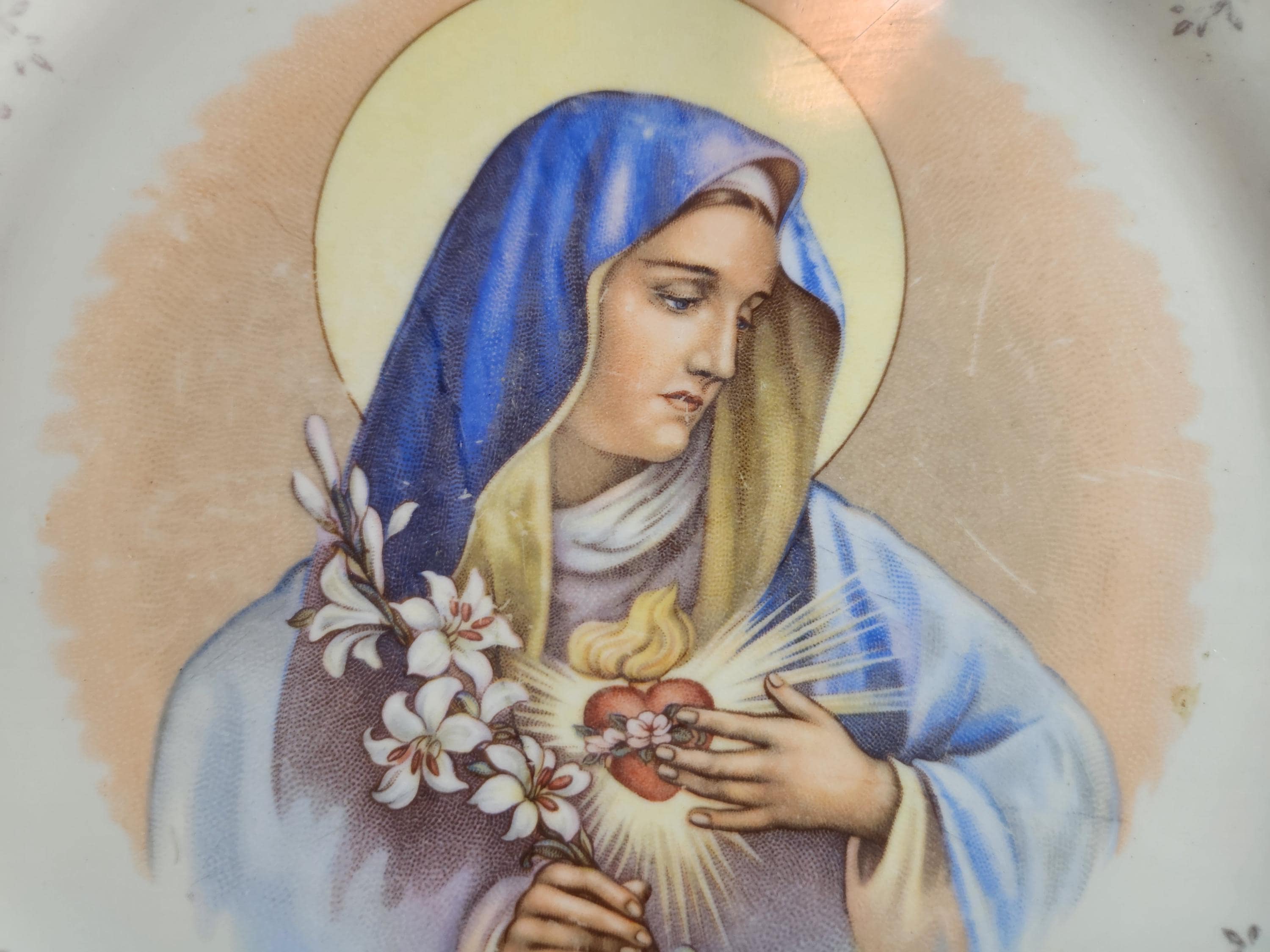 Vintage Virgin Mary Plate: Sacred Heart & Lilies, Crooksville