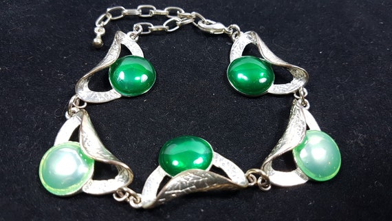 Vintage Silver Metal and Green Enamel Bracelet La… - image 6