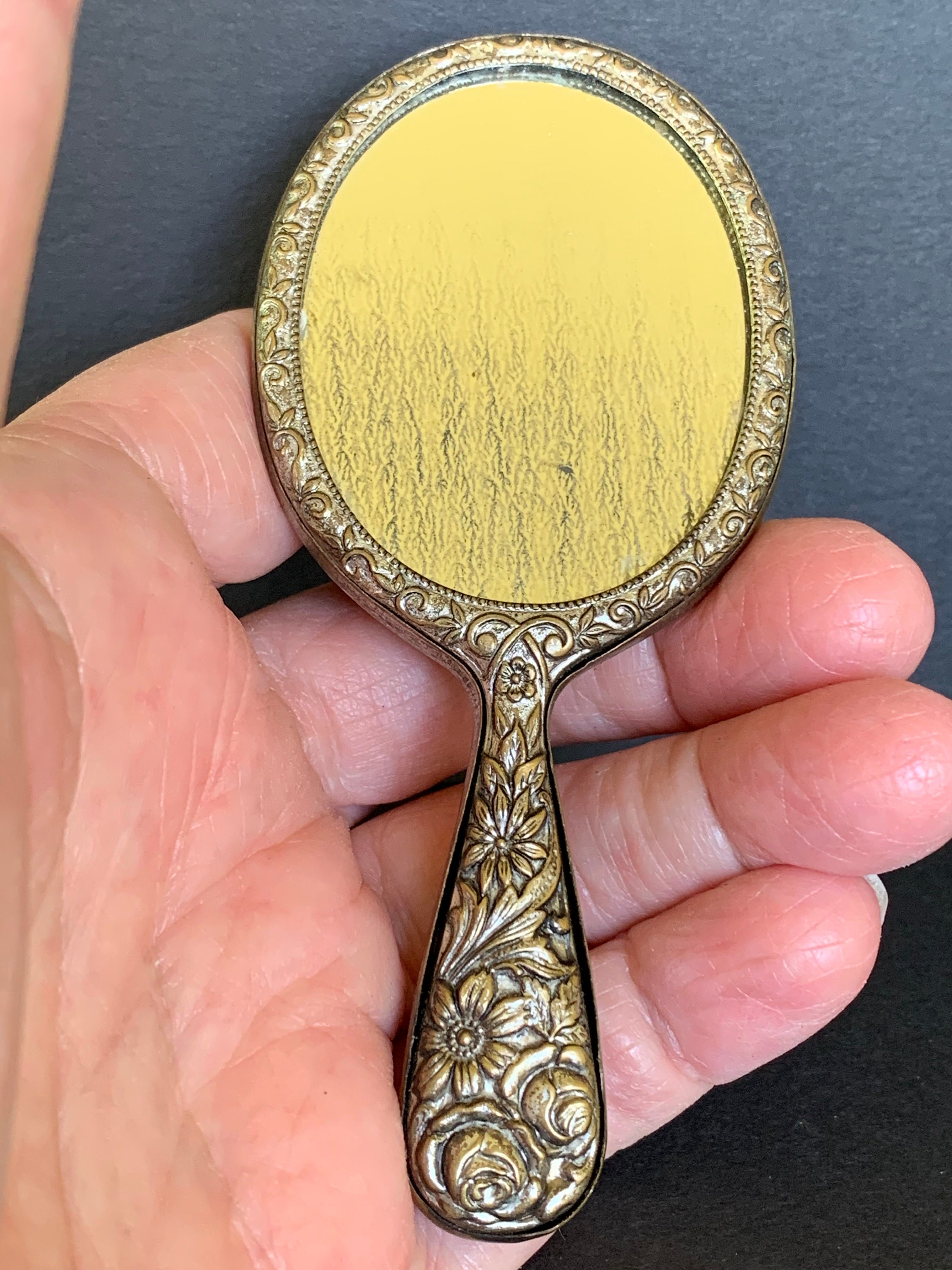 Vintage Miniature Vanity Hand Mirror Silver Metal Flower Relief