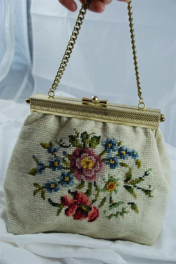 Vintage Needlepoint Tapestry Flowers Hand Bag Pur… - image 1