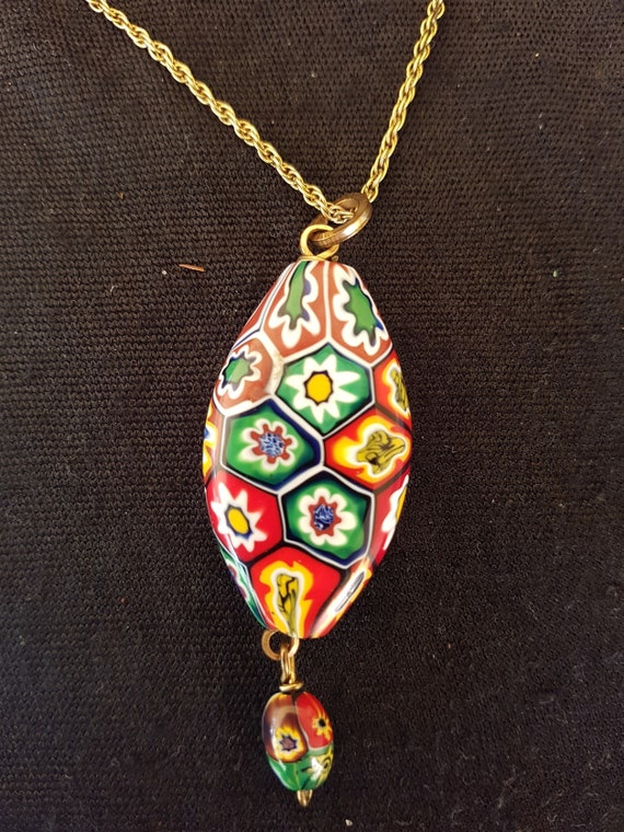 Vintage Millefiori Art Glass Pendant Necklace Bea… - image 7