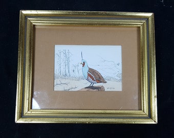 Vintage Gene Murray Art Print Quail Bird in Frame Framed Signed