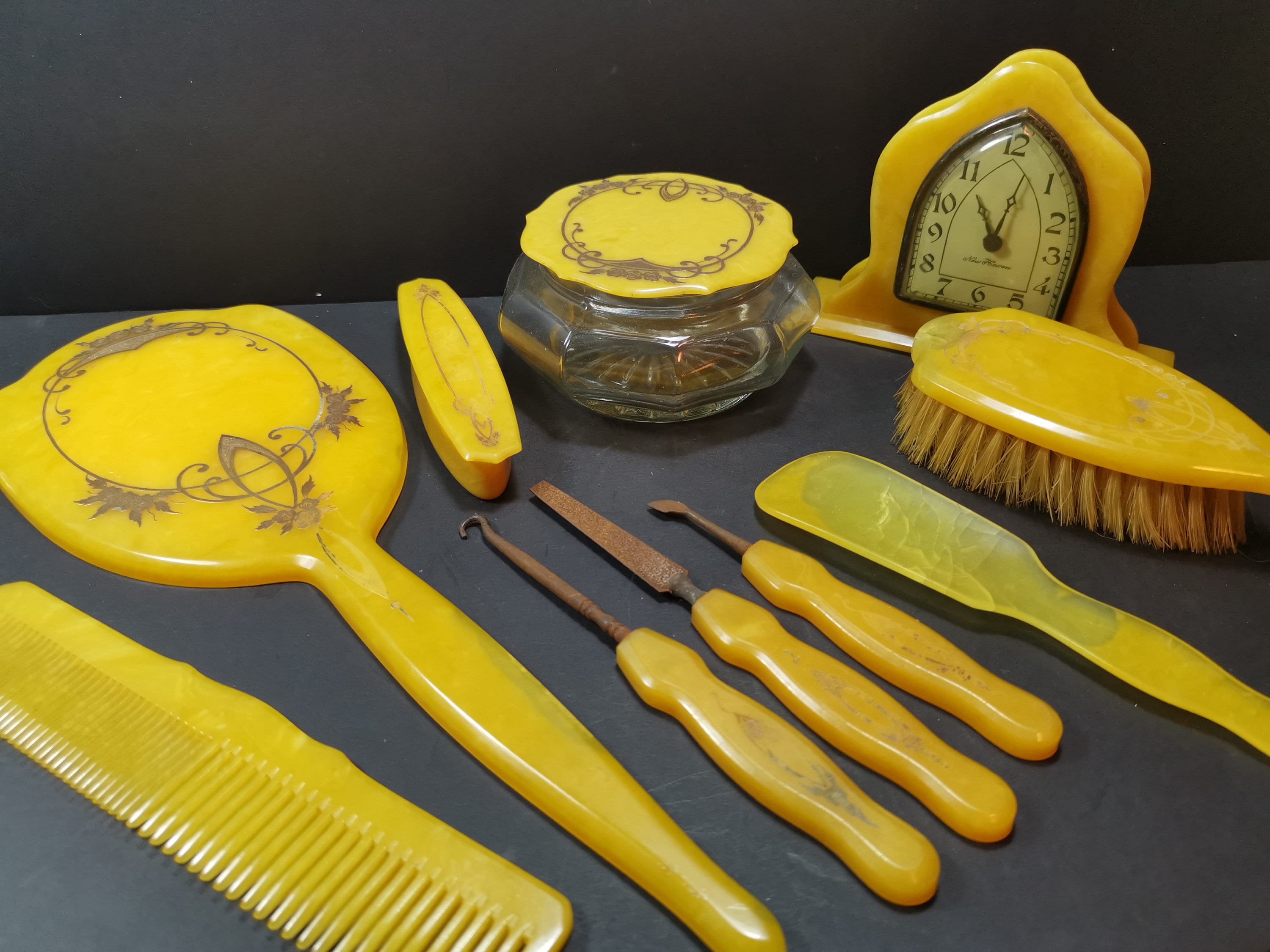 Antique Celluloid Vanity Set: Art Deco Mirror, Clock, Manicure