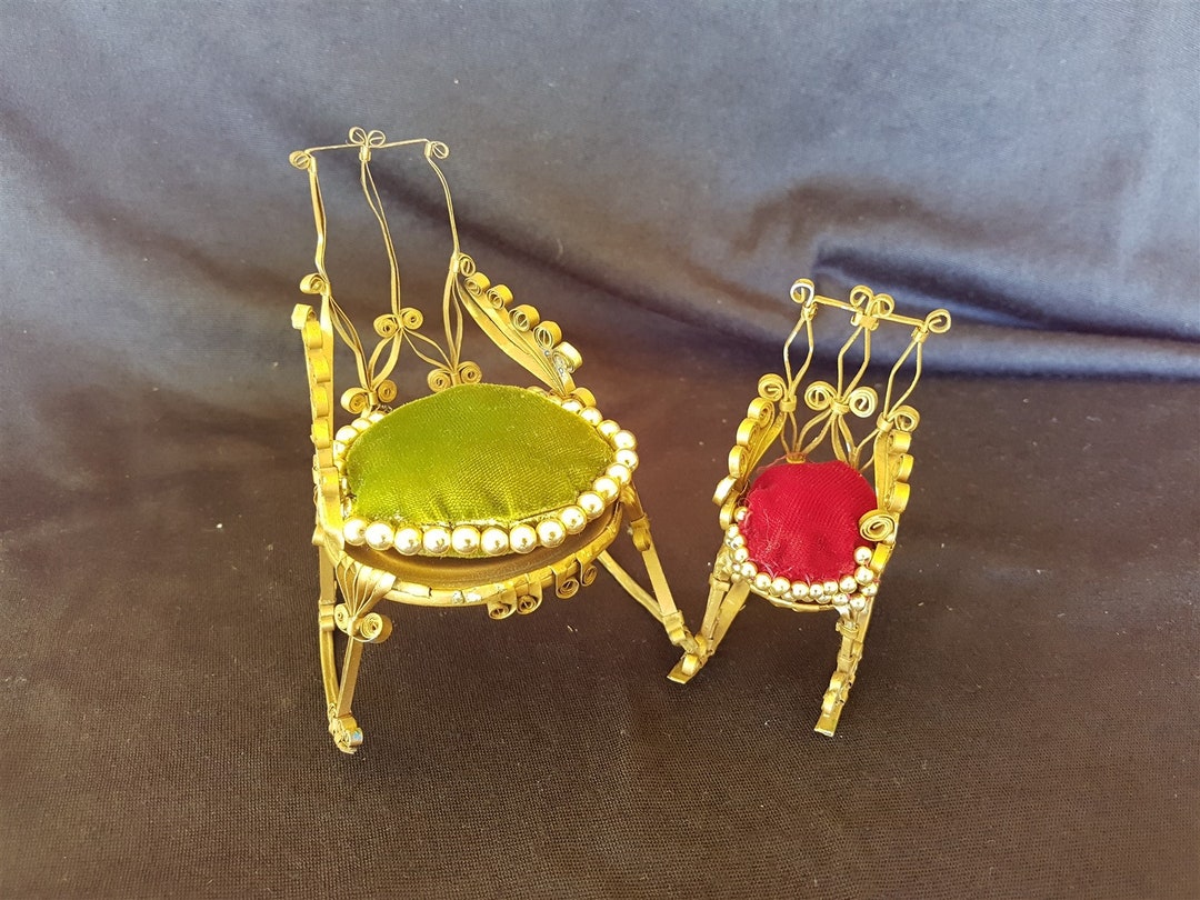 Vintage Tin Can Metal Miniature Doll House Furniture Chairs Set Folk or