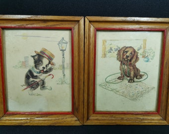 Vintage Lambert Puppy Dog Art Prints in Original Wood Frames Pair Set of 2 1950's Framed Made in U.S.A.  4 x 5 Mid Century Home Decor