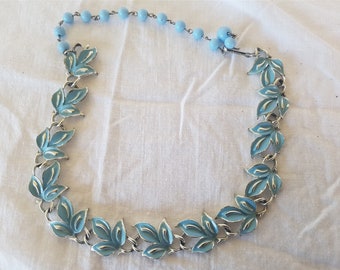 Vintage Mid Century Necklace Silver and Light Baby Blue Beaded 1950's - 1960's Adjustable Length