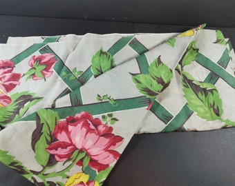 Vintage Cloth Fabric Curtain with Pink Flowers and Green Leaves 1950's Original Mid Century