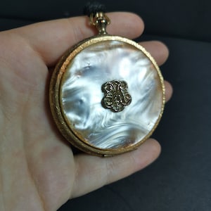 Vintage Estee Lauder Powder Compact 1960's Original Gold Metal and Mother of Pearl Lucite Pocket Watch Shaped Novelty