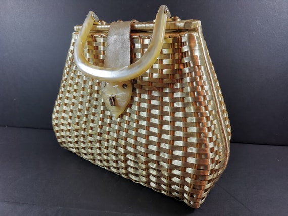 Vintage Wicker and Lucite Hand Bag Purse Gold Met… - image 3