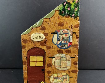 Vintage Quilt House Cottage Miniature Stone Rock Figurine Hand Painted Original Art Signed
