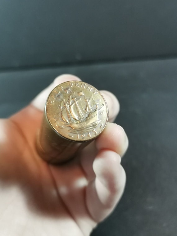 Vintage WWII Cigarette Lighter Trench Art Brass With 1943 British Half Penny  Coins Cylindrical