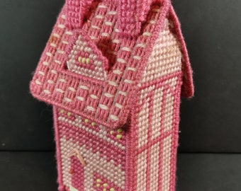 Vintage Miniature Cottage House Storage Box Hand Made Plastic Canvas Embroidery