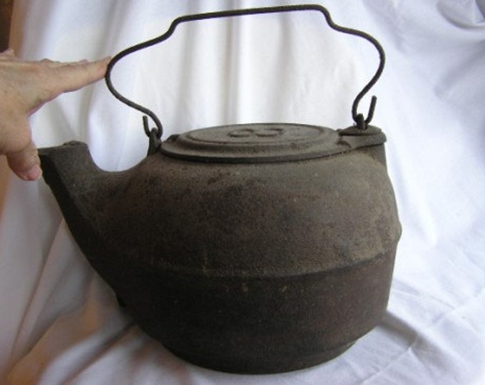 Antique Primitive Black Cast Iron Number 8 Fireplace Kettle Tea Coffee
