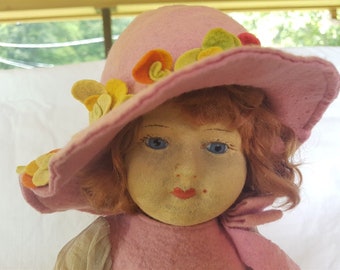 Vintage Chad Valley Bambina Doll Felt Cloth with Glass Eyes and Red Hair in Original Dress and Hat 1920's Original