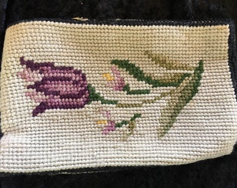 Vintage Needlepoint Tapestry Flower Purse Pouch Bag 1930's Original Hand Made Beige and Purple