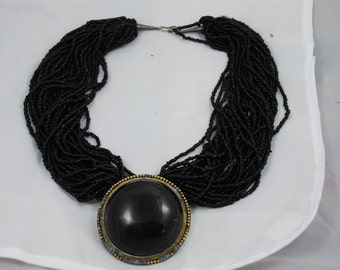 Vintage Necklace Black Glass and Metal Beaded Statement 1980's Original