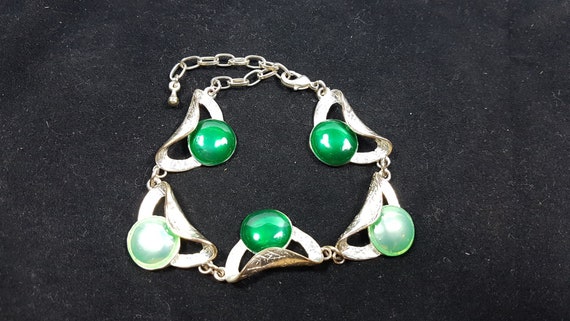 Vintage Silver Metal and Green Enamel Bracelet La… - image 7