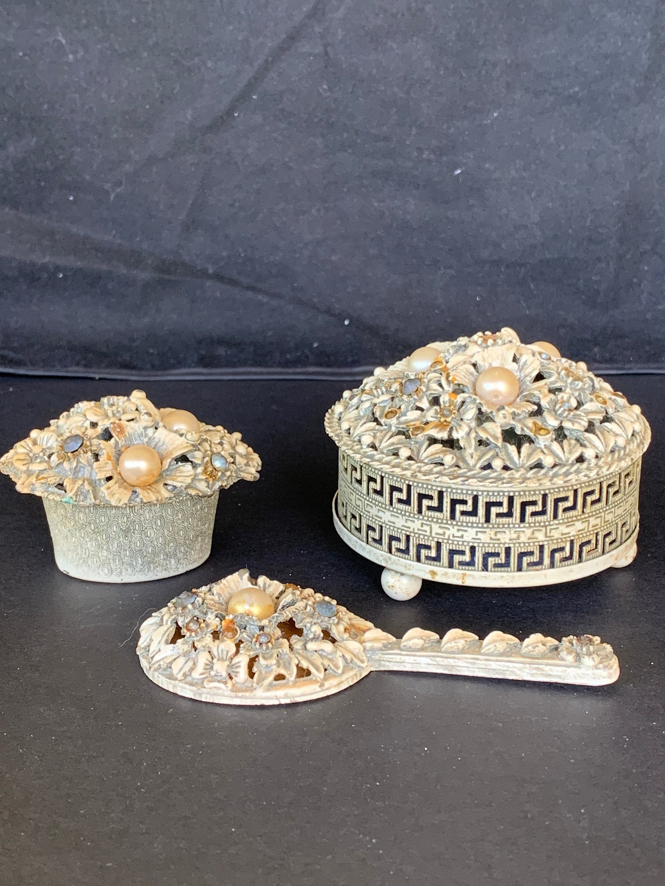 Vintage Florenza Miniature Vanity Set: Jeweled Mirror & Trinket