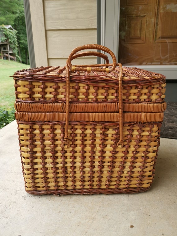 Vintage Wicker Picnic Basket Box Lined with Red an