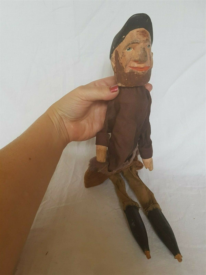 Antique Hand Puppet Marionette Doll Carving Carved Wood and Cloth Wooden from Punch and Judy Puppet Show Hand Made Original Man Boy