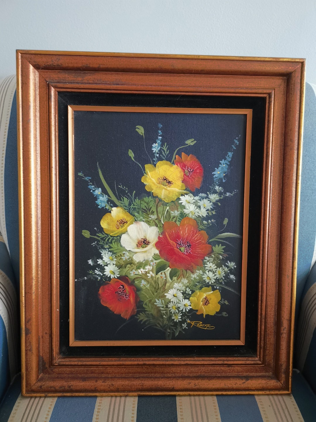 Vintage Poppy Flowers Oil Painting Original Art on Canvas Framed in ...