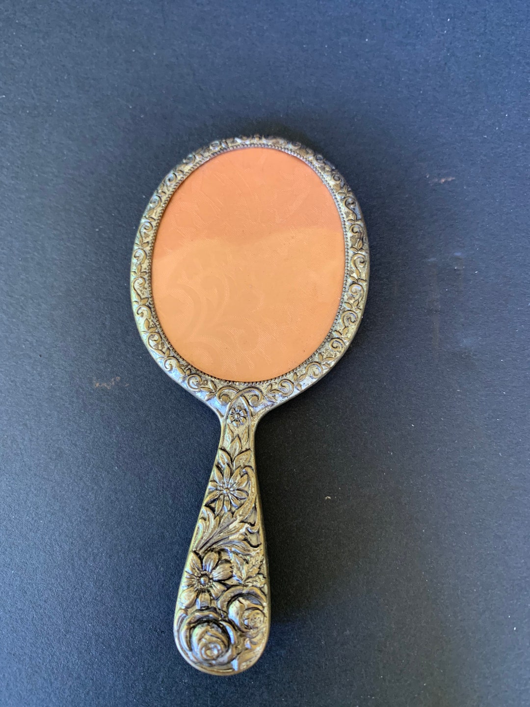 Vintage Miniature Vanity Hand Mirror Silver Metal Flower Relief