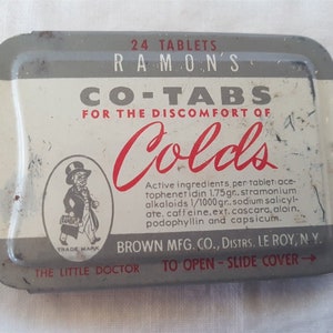 Vintage Ramon&#39;s Co-Tabs Tin: 1930s Pharmacy Advertising Slide Box