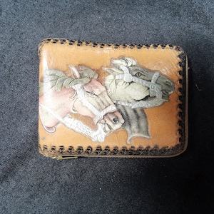 Vintage marrón cuero Bifold cartera con cremallera con herramientas de mano caballos occidentales 1950's original top grano Cowhide Mid Century Men's Boys Unisex