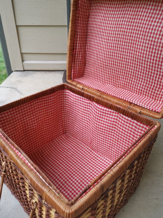 Vintage Wicker Picnic Basket Box Lined with Red and W… Gem