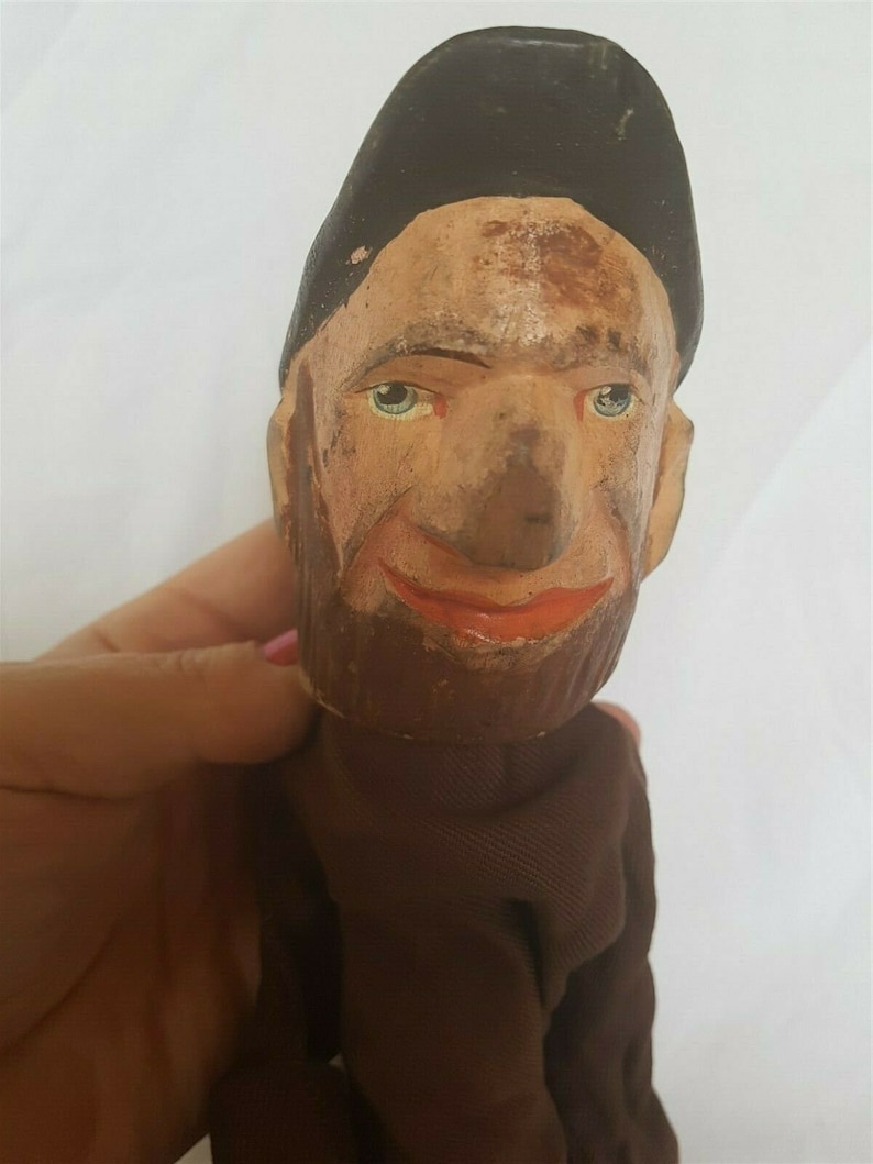 Antique Hand Puppet Marionette Doll Carving Carved Wood and Cloth Wooden from Punch and Judy Puppet Show Hand Made Original Man Boy