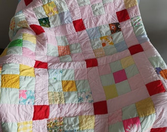 Vintage 1960s Patchwork Quilt: Handmade Cotton Full Size Blanket