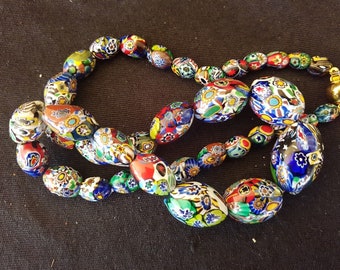 Vintage Necklace Milliefiori Bead Beaded Italian Venetian Glass Beads 1920's Original 21 Inches