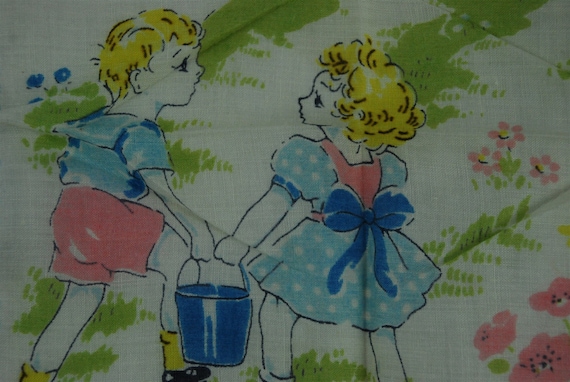 Vintage Retro Mid Century Illustrated Jack and Jill Cotton Fabric