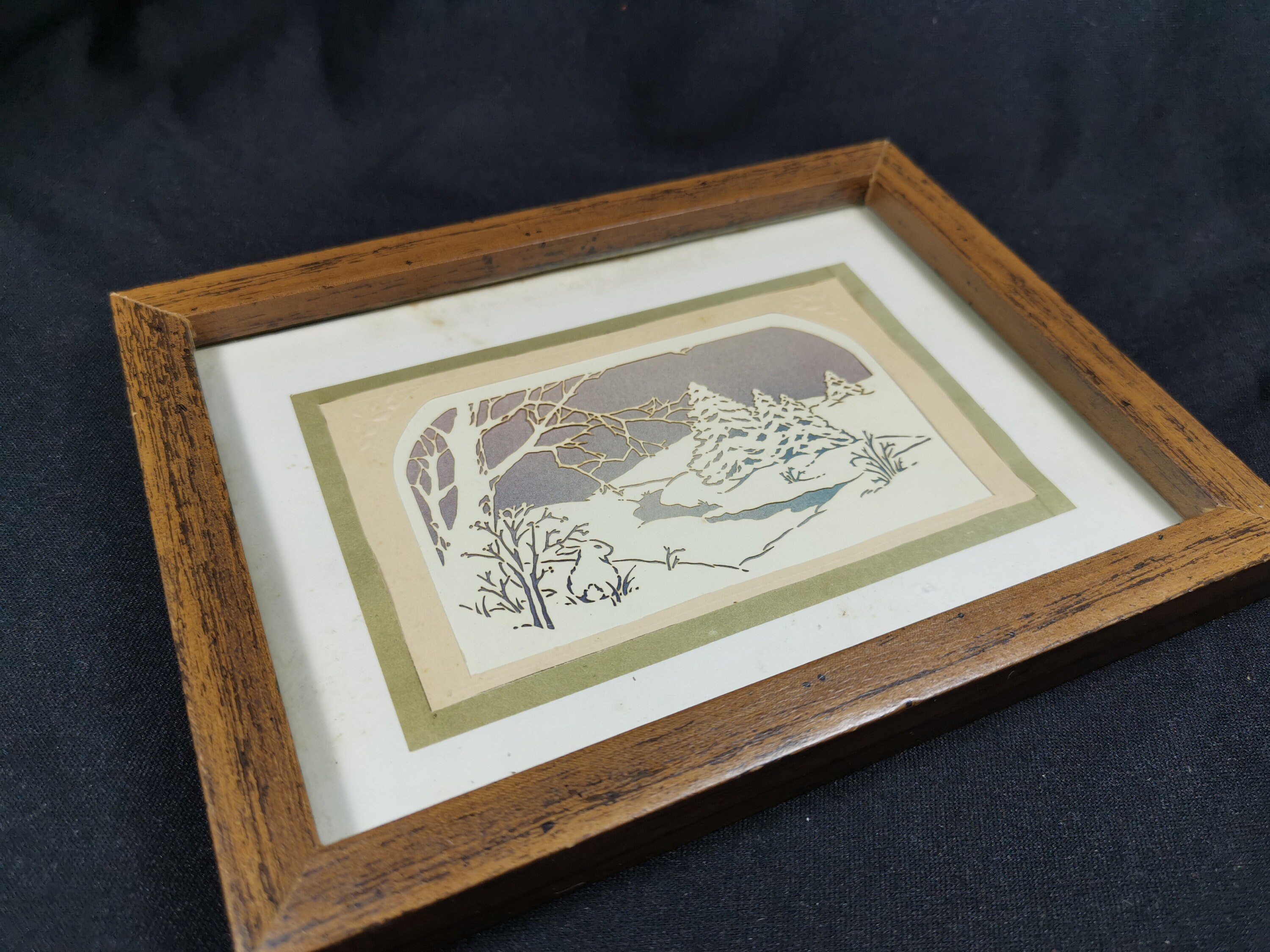 Vintage Papercut Art: Bunny Rabbit Winter Woodland Scene in Frame