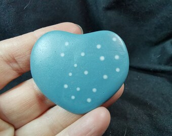 Hand Made Ceramic Heart Brooch Pin Heart Shaped Blue with White Polka Dots Handmade Original Art Sculpture